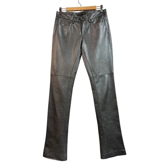 Ralph Lauren Womens Silver Metallic Lamb Leather Slim Straight Pants Size 4 - Picture 1 of 7